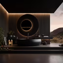 an outside bathroom with round sink and large circular mirror