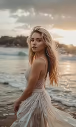 a woman in a white dress standing by the water