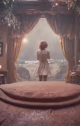 a little girl that is standing near curtains