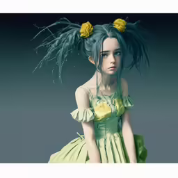 the girl is dressed in a green dress with yellow flowers in her hair