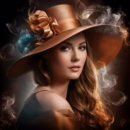 a woman wearing a brown hat with smoke coming out of her