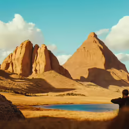 a guy holding a cellphone stands at the base of a huge rock formation