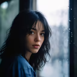 a woman in a dark shirt is staring outside a window