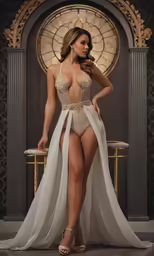 a model wearing a nude bikini and low cut dresses