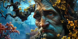 a close up of a person in front of trees