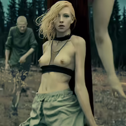 a young woman with no breast walking down a forest trail