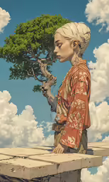 a person with head scarf next to a tree