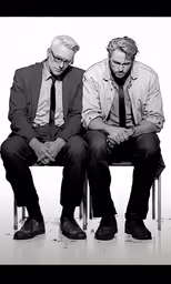 black and white photo of two men sitting next to each other