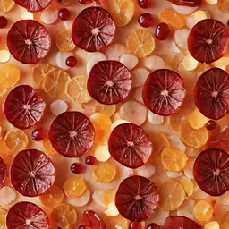 red and yellow fruit halves on a white surface