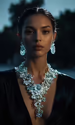 a woman in a black dress wearing silver necklace