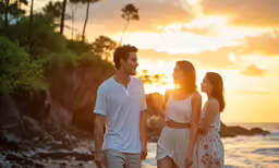 a couple walks along the beach at sunset