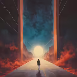 a man standing in an abstract space under clouds