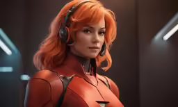 a girl with red hair is wearing headphones