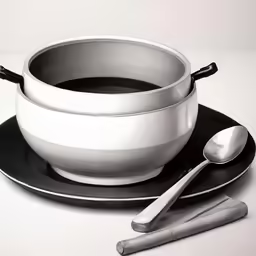 a silver dish with a soup bowl and spoon next to a fork