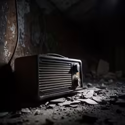 old radio sitting in the middle of rubble