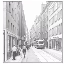a bus going down the street as people walking near by