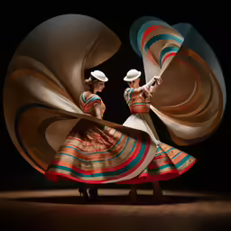 two women wearing colorful dresses are dancing with a large round object