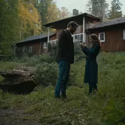 two people standing on top of a grass field near a forest
