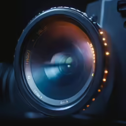 closeup on a camera lens with focus focus being displayed