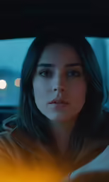 a young woman sitting in a car looks back