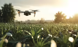 a large remote controlled flying over a lush green field