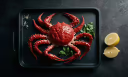 an appetizer made out of fresh crab legs, lemon slices and parsley
