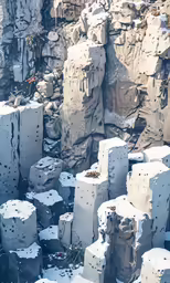 a bunch of rock type structures covered in snow