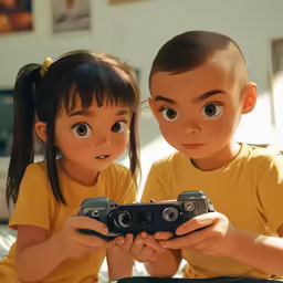 two children holding camera looking at the camera