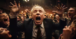 an older man in suit with arms in the air as if he had caught out a crowd of people