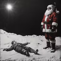 an old photo of a santa claus laying on the ground next to a dead man