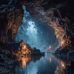 a dimly lit tunnel with water and light inside