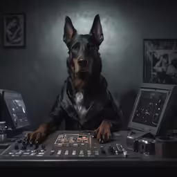 a dog is standing near a controller and a camera