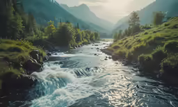 a painting of a mountain river flowing between two mountains