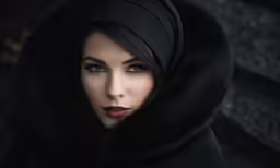a woman in a hooded coat posing for a photograph