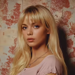 blond hair wearing a pink shirt standing by a wall