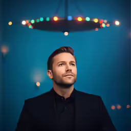 man looking up into the air under a light filled area