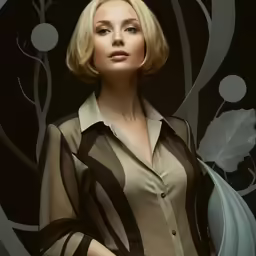 a blonde woman is standing in front of flowers
