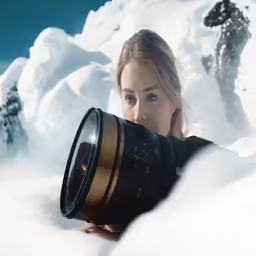 a woman holding a camera lens up to her face
