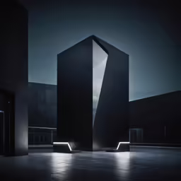 a black building with lights shining in the middle