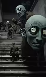 an animated figure with a surprised expression at the bottom of the stairs