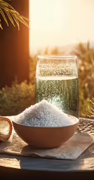 some water and rice sit on a table outside