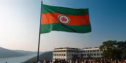 a large green and red flag with a large red leaf is flying in the wind