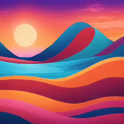 a painting of sunset over mountains and water,a painting shows colorful waves with a sunset in the background