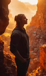 a man standing in front of mountains during a sunset