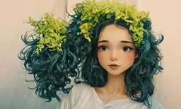 a painting of a woman with green curly hair