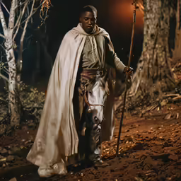a man with a walking stick and a cape
