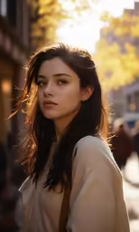 a young girl walking on the street with her back to the camera