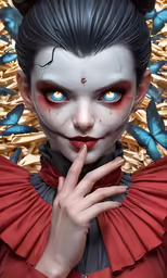 a digital painting shows a demonic looking woman with blue eyes