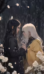 two women in costumes stand among white flowers