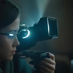 a woman with glasses holding a camera up